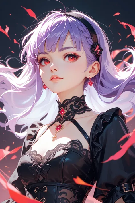 Anime girl, in a black ballerinas outfit, with pastel purple hair, and glowing red eyes 