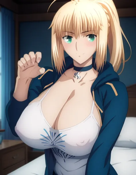 Highest quality, official style, curvy, very aesthetic, score_8_up, score_9_up, score_7_up, High Resolution, 1 girl, solo, artoria pendragon, artoria pendragon (fate), saber, blonde hair, green eyes, ahoge, sidelocks, official art, black hoodie, white shir...