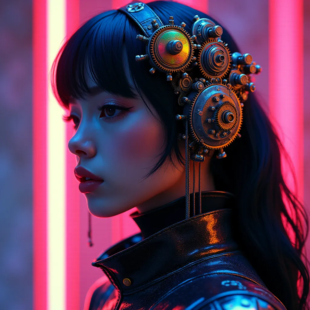 stylized female character with complex rainbow-colored gears integrated into her hair, detailed cyberpunk aesthetic, vibrant neo...