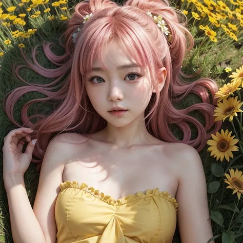 a petite asian woman, small breasts, pink hair, she has a shy expression on her face. wearing yellow dress laying down in a flowers field, showing her vagina