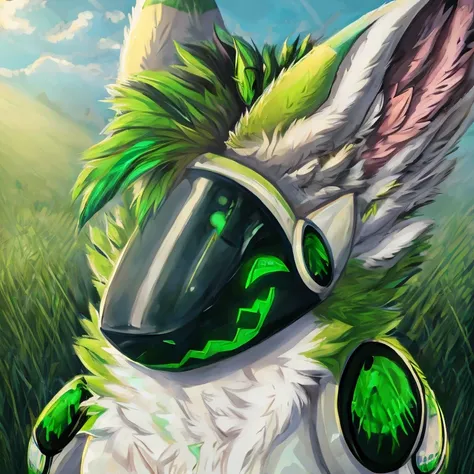 Protogen with green and lime fur, eyes color pastel green, protogen face 3:2, protogen expression sad to audience, background grassy plains no trees rain,