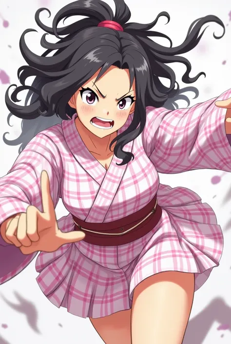 Nezuko Kamado.  in furious but sexy , Giving loud padas .  mode with a short plaid kimono,  in pink and white .