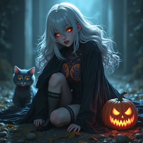 A 3d anime women, Silver hair, licking her finger, had a blood on her mouth, had a scary costume, cool background, had a cat with a costume, have a jack o lantern, with a name on her costume "Tyga" with a big font