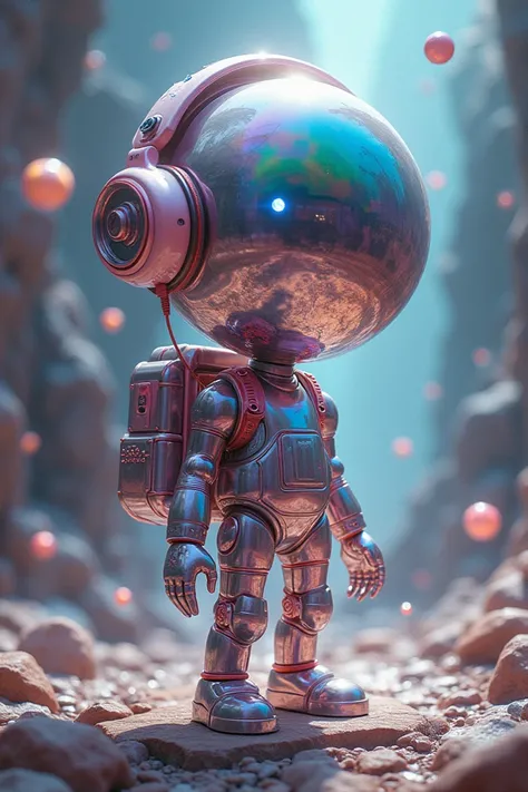 A trippy picture with surreal qualities but the main focus is of a short humanoid made of reflective bubbles and is wearing headphones and wears a backpack