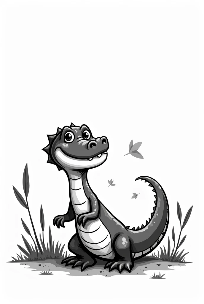 Komodo dragon black and white, cartoon character, hand drawing.