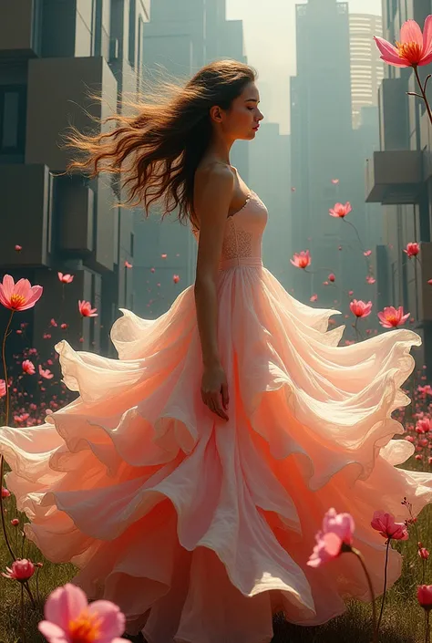 1girl,Petal skirt,A long dress hem resembling smoke,Petal pattern,long hair in the wind,Advanced sense,fashion,
still photography, looping video, mesmerizing movement, captivating visuals, seamless blend, engaging storytelling, Vorticism, angular forms, dy...