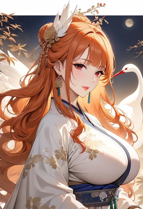 (( best quality )), (( Masterpiece)), ( Details), Young woman, ( big breasts, Orange hair, Red eyes, ((My hair is very long., Long wavy hair)), (Bangs:1.3) , curve, large chest, huge breasts, Beautiful face, Beautiful skin , Long eyelashes, Thick eyelashes...