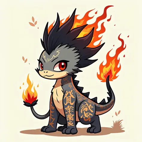 Create a being with a dark fiery mohawk , with random Japanese letters all over its body in a cartoon