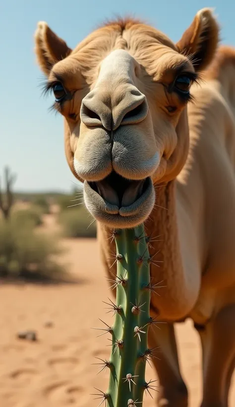 A close-up of a camels face in a desert environment, focusing on its thick, flexible upper and lower lips gently grasping a Big thorny branch of a cactus plant. The thorns are visible but do not pierce the lips. The background shows a sandy landscape with ...