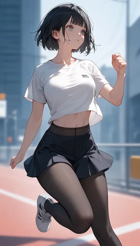 close up,, running, ((thighs)), score_9, score_8_up, score_7_up, (solo), 1girl, blunt bang, black hair, bob haircut, ((hands)), fingers, stomach, black skirt, ((white t-shirt)), medium breast, ((pantyhose)), sneakers, ((pose)), stomach
