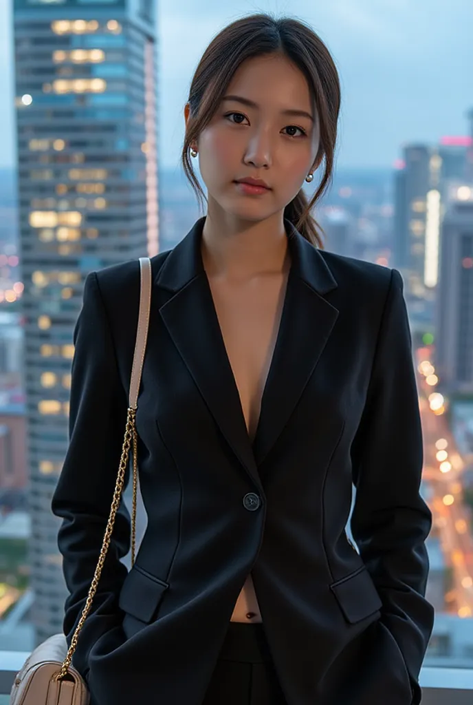 thai woman, a sophisticated asian teenage girl in a chic tailored blazer and high-waisted trousers, posing elegantly against a s...