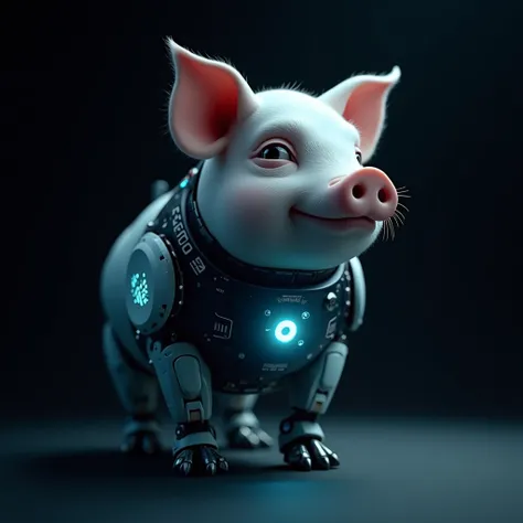  and a pig with a sense of technology ， The overall blue tone ， The background is black and clean，The picture only requires a pig 