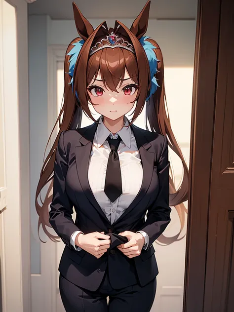 (​masterpiece, top-quality, hight resolution, Unity 8k, extremely details CG:1, Best Picture), Daiwa Scarlet (Uma Musume), (((tiara, brown hair))), red eyes, long hair, twintails, (horse ears, horse girl), Create an image of a sex worker dressed in a forma...