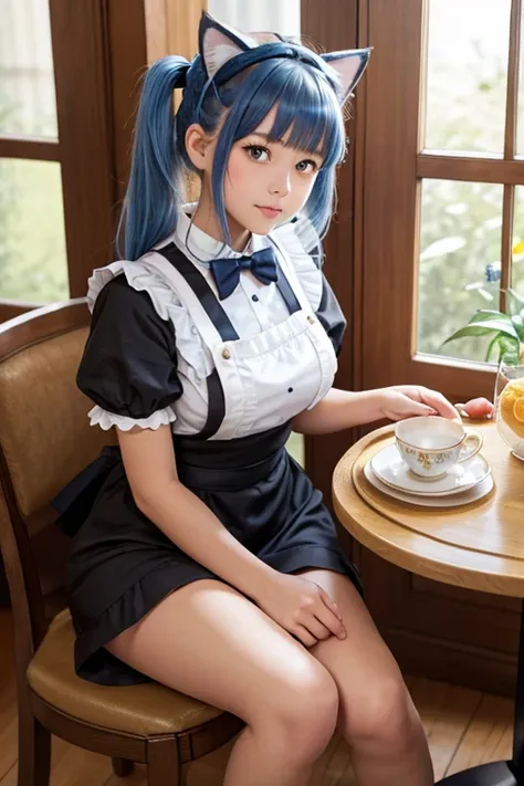 name: Togawa Sakiko; fashion: apron, bangs hair, barefoot, bare knees, bare legs, black dress, blue bow, blue bowtie, blue neckwear, bow, bowtie, clothing, clothing, dress, frilled apron, frielled dress, frills, hair ornament, hair ribbon, headdress, headw...