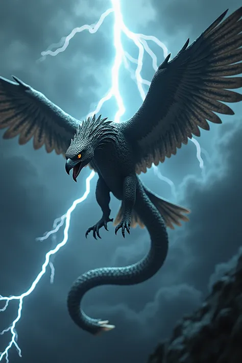 Create a hybrid animal by combining eagle and snake flying in sky under thunderstorm 