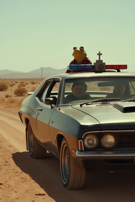  A black 1973 Ford Falcon Interceptor can be seen from the side (From the movie Mad Max ).  The surrounding area is an abandoned desert landscape in the future.  A frog with a black and red checkered shirt sits at the wheel, In the black 1973 Ford Falcon I...