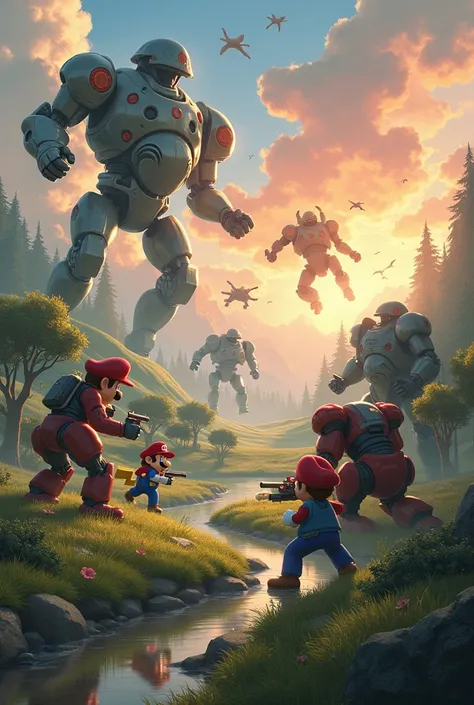 All the characters from Nintendo against robots in the early morning