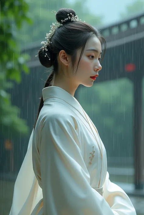 On a rainy day, Guzhen Hanfu women, White Hanfu, Portrait photo of the upper body, Hairpins, hair-bun, Green trees, Clear sky, Bridge overhangs, Dreamy, Bouguereau reports, trending on artstationh, Exquisite facial features style, Close-up photo style, 8K,...