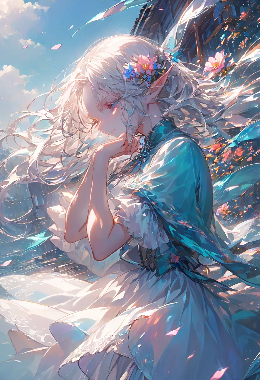 elf beauty holding down her hair with her hands when she is hit by strong winds that make flower petals flutter, ((outdoor))