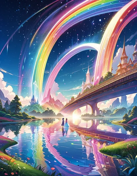 everything except the shadows is colored with colored cellophane, beautiful rainbow bridge,glowing rainbow arches, prince and princess facing each other, Sky after the rain, fairy tale land, never-never land, starry sky reflected on the water surface, stun...