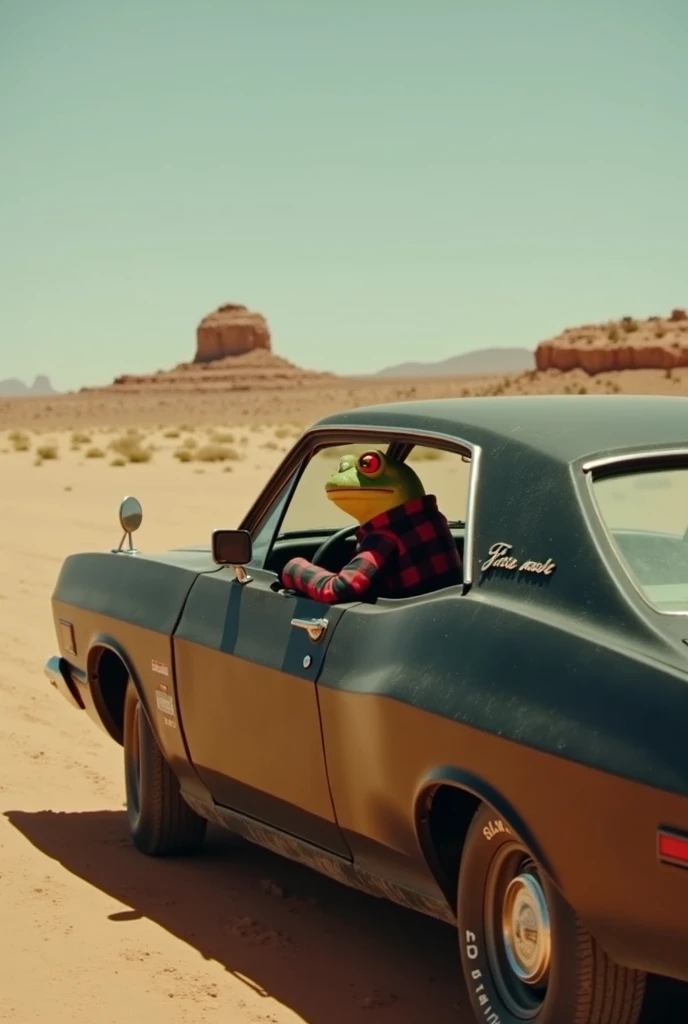  A black 1973 Ford Falcon Interceptor can be seen from the side (From the movie Mad Max ).  The surrounding area is an abandoned desert landscape in the future.  A frog with a black and red checkered shirt sits at the wheel, In the black 1973 Ford Falcon I...