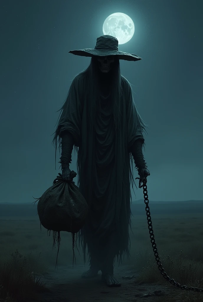 It creates an image of a spirit in torn clothes, with a hat, dragging a sack inside the sack, carrying bones and dragging a chain on its feet in the plains of Venezuela, a nighttime and horror setting. 