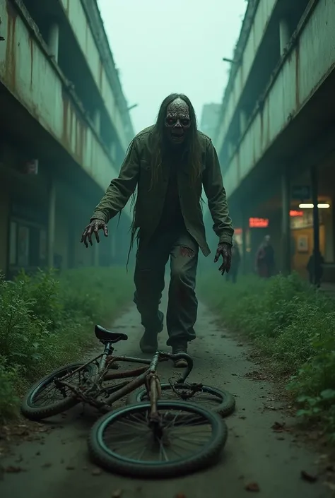  Dark Hyper Realistic photo ,  close-up shot , An abandoned mall,  seen some zombies  , torn clothes,  random random , facing the audience, wajah menakutkan broken ,  bloody , bulging eyes,  running smoothly ,  jerky ,  visible road bike , broken , dirty, ...