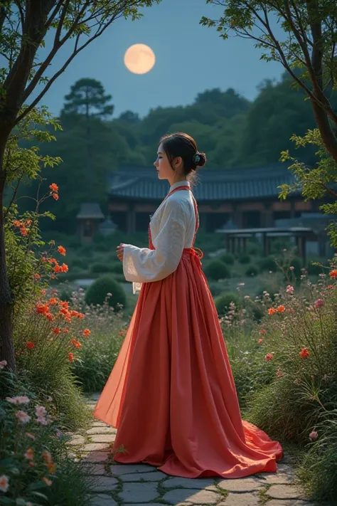 best quality, high_resolution, distinct_image, detailed background ,girl, hanbok,flower,garden,moon, night,Solo, 