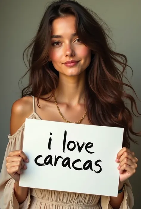  Beautiful girl with long wavy hair, bohemian dress,  holding a white board with the text "I Love Caracas"  and showing it to the spectator