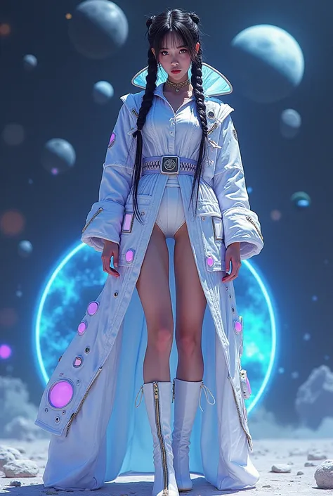 Full body a steampunk, sureal, a girl beatiful, long hair Braid, face pirching, face korea, with blue white purple Made from cyberpunk blue, purple transparan motif leather, robe with many Zipper with many various size of cicrle screen of various planet Ec...