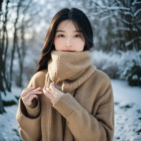 A hyper-realistic image of a single Japanese woman in her early 20s, captured with the nostalgic warmth and subtle graininess of a film camera. She is dressed in a chic winter outfit, featuring a wool coat with soft textures and a cozy knit scarf loosely d...