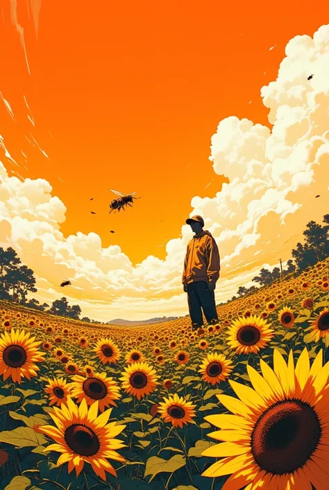 color art of a b-boy standing in a sunflower field and a murderous bee flying around, Artwork” , Artwork”, Art Cover,  psychedelic hip-hop album jacket、In the flower field, perfect artwork, Painting　 big bees are flying around , Flower , 芸術家の壮大なPainting、  ...