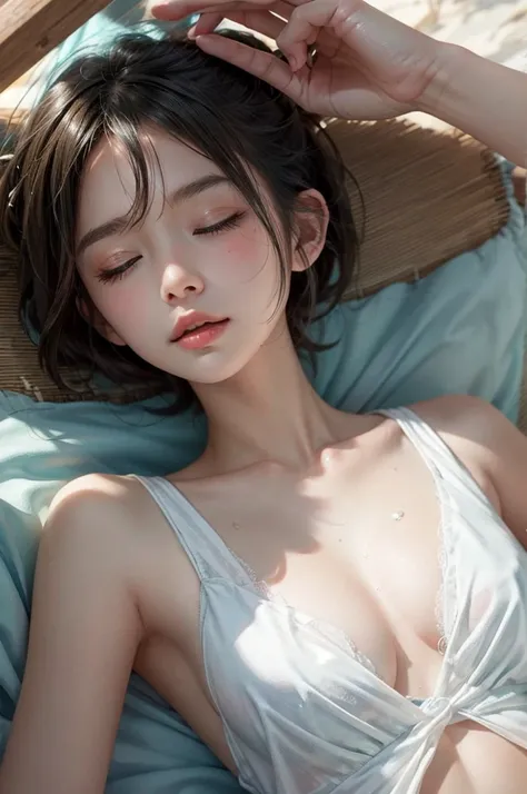 Seaside、Japanese woman sleeping in a hammock、Eyes closed、 Shorthair、 white t-shirt、Wet clothes、Lying on your back、 capture realistic depiction  