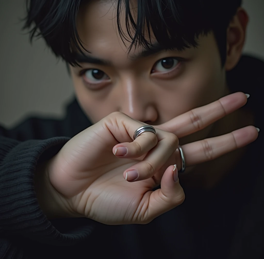 A close-up photo of a 20-year-old Asian males face, with dark and messy hair partially covering their face. Their sharp black eyes stared straight at the audience. The key point is that in the lower part of the photo, his hand is making a horizontal symbol...