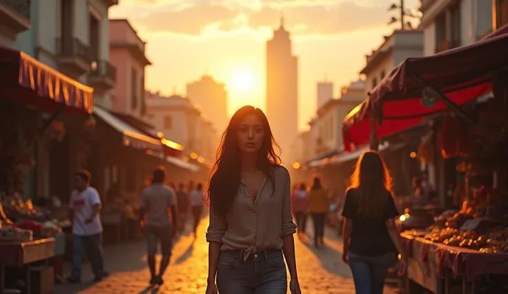 Wide shot of the Mexico City skyline at sunrise, transitioning to María walking through a bustling marketplace.  
The camera follows María as she weaves through vibrant streets, her expression thoughtful but determined. The morning light casts a warm glow ...