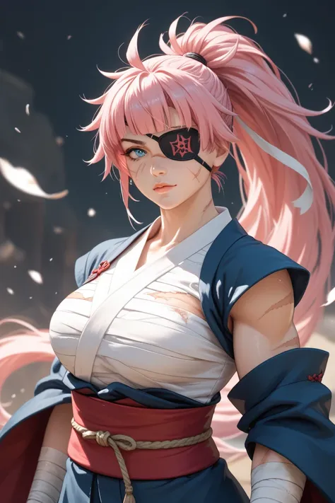 adult female, long spiky pink hair tied in a long ponytail, battle scars in body and face, amputated left arm, eye patch in right eye, light blue eyes, battle scars on body, scar under eye patch, samurai robes, huge boobs, bandages covering boobs, slightly...