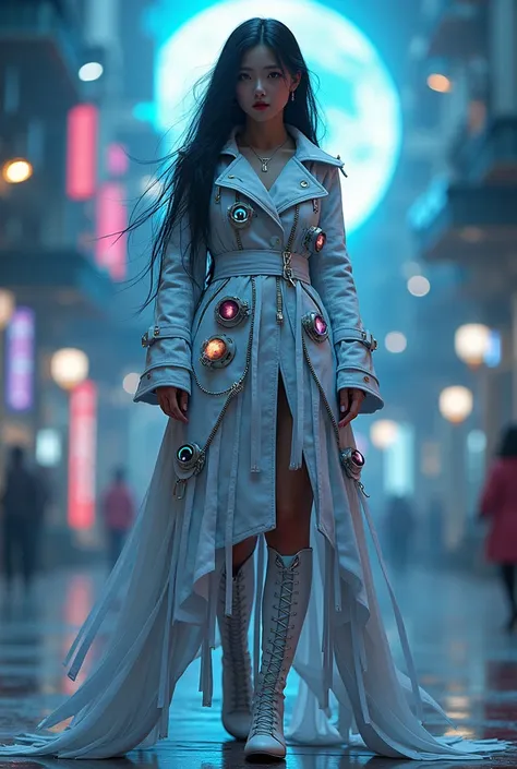 Full body a steampunk, sureal, a girl beatiful, long hair , face pirching, face korea, with blue white purple Made from cyberpunk blue, purple transparan motif leather, robe with many Zipper with many various size of cicrle screen of various planet Eclipse...