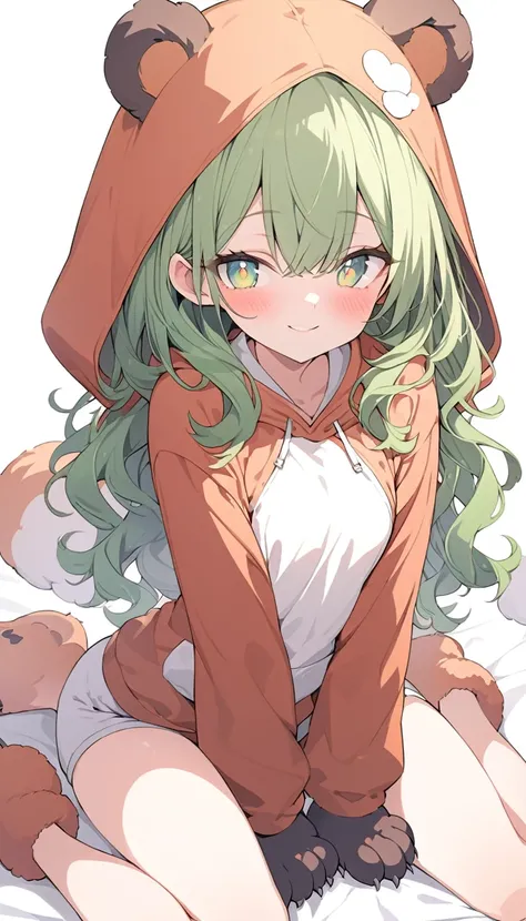 an anime girl in white shorts and bear suit poses to the left with paws stretched out as if asking a question, 1girl, solo, long green wavy hair, looking at viewer, smile, sitting, green eyes, animal hands, gloves, smiling , wariza, green hair, hood, paw g...