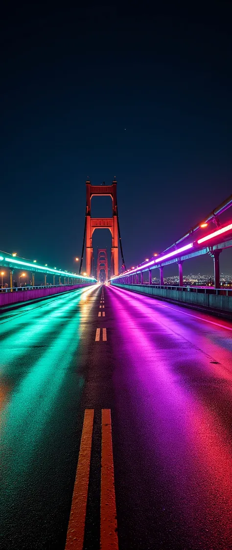 (masterpiece:1.2,Premium quality ,Mirror finish, cinematic experience ,Realistic:2.0, RAW photo:2.0),8k,16k,wallpaper( light trail photography :2.0),(Light trail photo of a large bridge :2.0),Rainbow Bridge,Taken from car ,wide,Straight Road, beautiful aft...