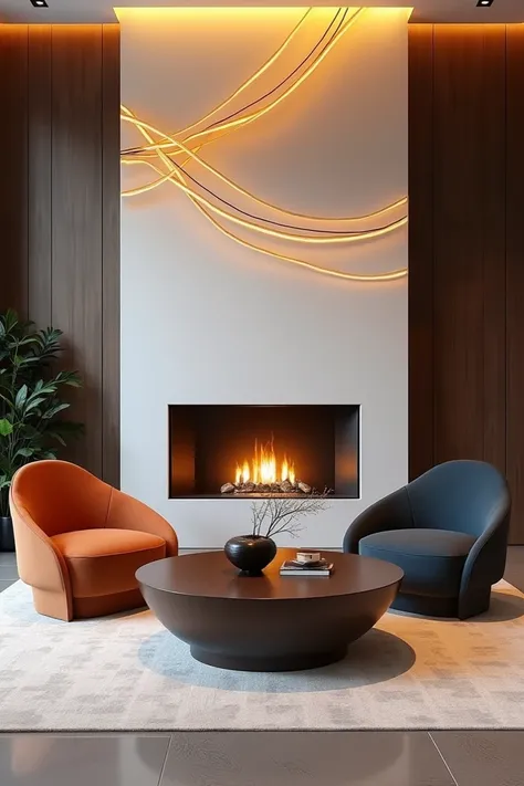 LOBBY DESIGN OF A LUXURY APARTMENT WITH TWO DOUBLE-SIDED JOBY CONSOLES A LARGE WHITE FIREPLACE AND ABOVE THE CONSOLES THERE IS A LARGE AND ON THE WALL THERE IS A PAINTED FIREPLACE WITH ORANGE AND YELLOW SLEIGH LINES AND TWO DOUBLE COMFORTS AND A DARK ORANG...