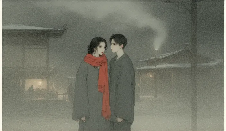 Showa era、Two young poor lovers 、Winter evening、 going out to a bathhouse 。 she is wearing a red towel around her neck instead of a scarf。