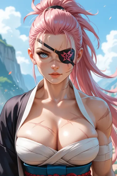 adult female, long spiky pink hair tied in a long ponytail, battle scars in body and face, without left arm, eye patch in right eye, light blue eyes, battle scars on body, scar under eye patch, samurai robes, huge boobs, bandages covering boobs, slightly, ...