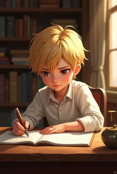 Blond boy
 writing
