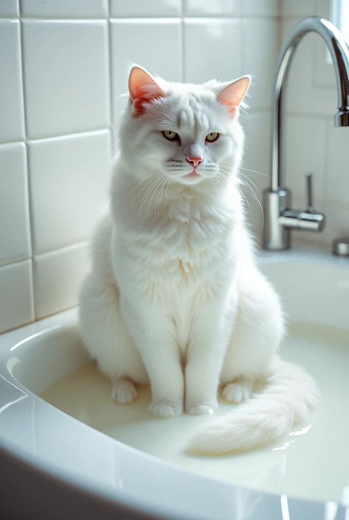 A pristine white cat gracefully sitting in a bathroom sink, completely covered in a silky, milky liquid. The milk cascades down its fur like a gentle waterfall, with subtle reflections in the glossy, tiled surroundings. The scene exudes a sense of serenity...