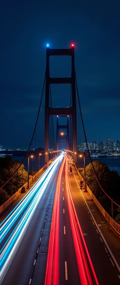 (masterpiece:1.2,Premium quality ,Mirror finish, cinematic experience ,Realistic:2.0,RAW Photo:2.0, super detailed),8k,16k,wallpaper( light trail photography :2.0),(Light trail photo of a large bridge :2.0),Rainbow Bridge,Taken from car ,wide,Straight Road...