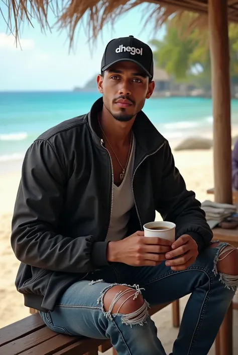 Handsome and clean face Indonesian man wearing ripped jeans wearing baseball cap inscribed dhegol wearing boots wearing black bomber jacket sitting in coffee stall on beach while holding coffee cup