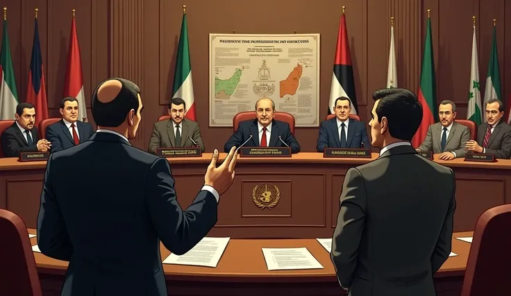 "A dramatic representation of Arab countries challenging the UNs 1947 partition decision in the International Court of Justice. The scene depicts a courtroom setting with Arab diplomats presenting their case passionately to a panel of judges. Documents and...