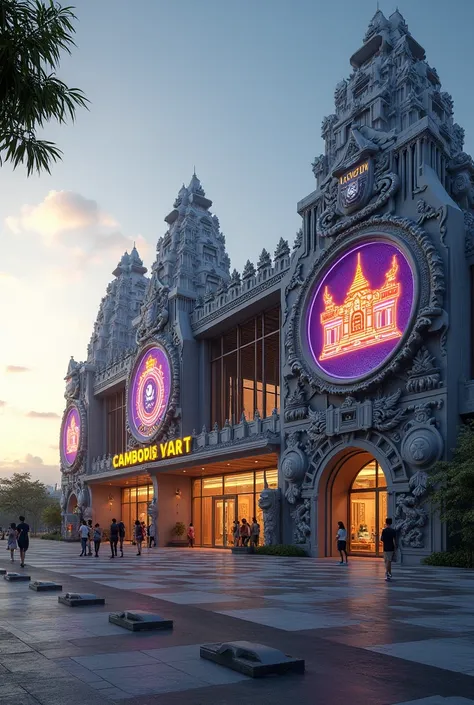  Beautiful stadium of the Cambodia national football team in a realistic and modern style with Khmer architectural , Angkor wat shape, from a slightly distant angle with the official logo and modern led inspired logo and the actual colors of the flag and h...