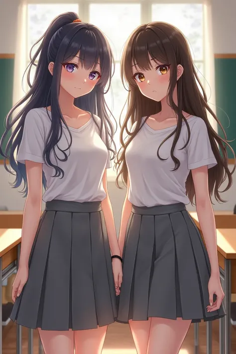  A group of two high school ren ,  both have long hair unraveled .  They wear school uniforms with white tops and gray skirts whose models are tight and long,  gives a fashionable impression .  They stand inside the classroom with a relaxed and confident a...