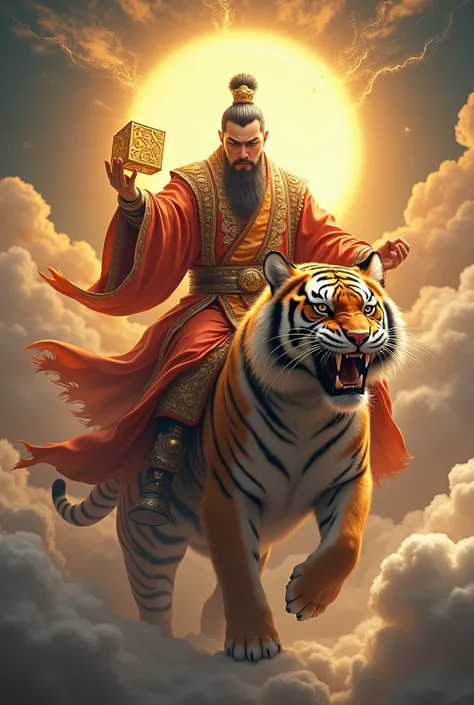 , a man with a red long massage , aggressive face ,Asian, wearing ancient Chinese nobleman costume,Asian,Tiger Ride,Left hand holding a gold cube ,, wearing a yellow-red dress, with clouds rolling in waves,
 golden halo,8k